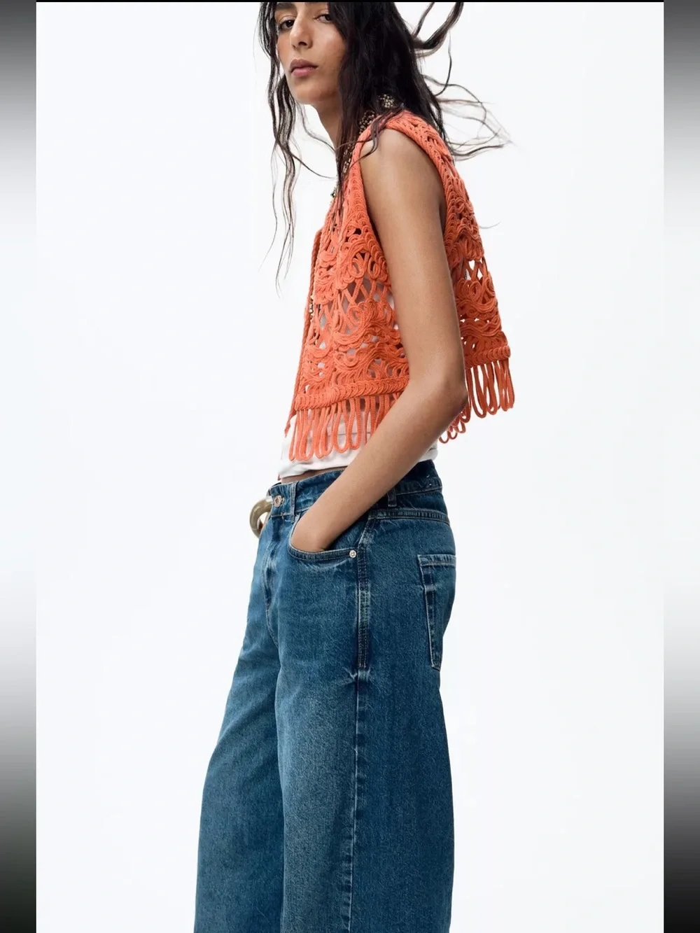 New ZARA Crochet Fringed Knit Vest
